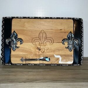 Fleur de Lis Wooden Cheese Charcuterie Board with Cheese Spreader Silver Tone
